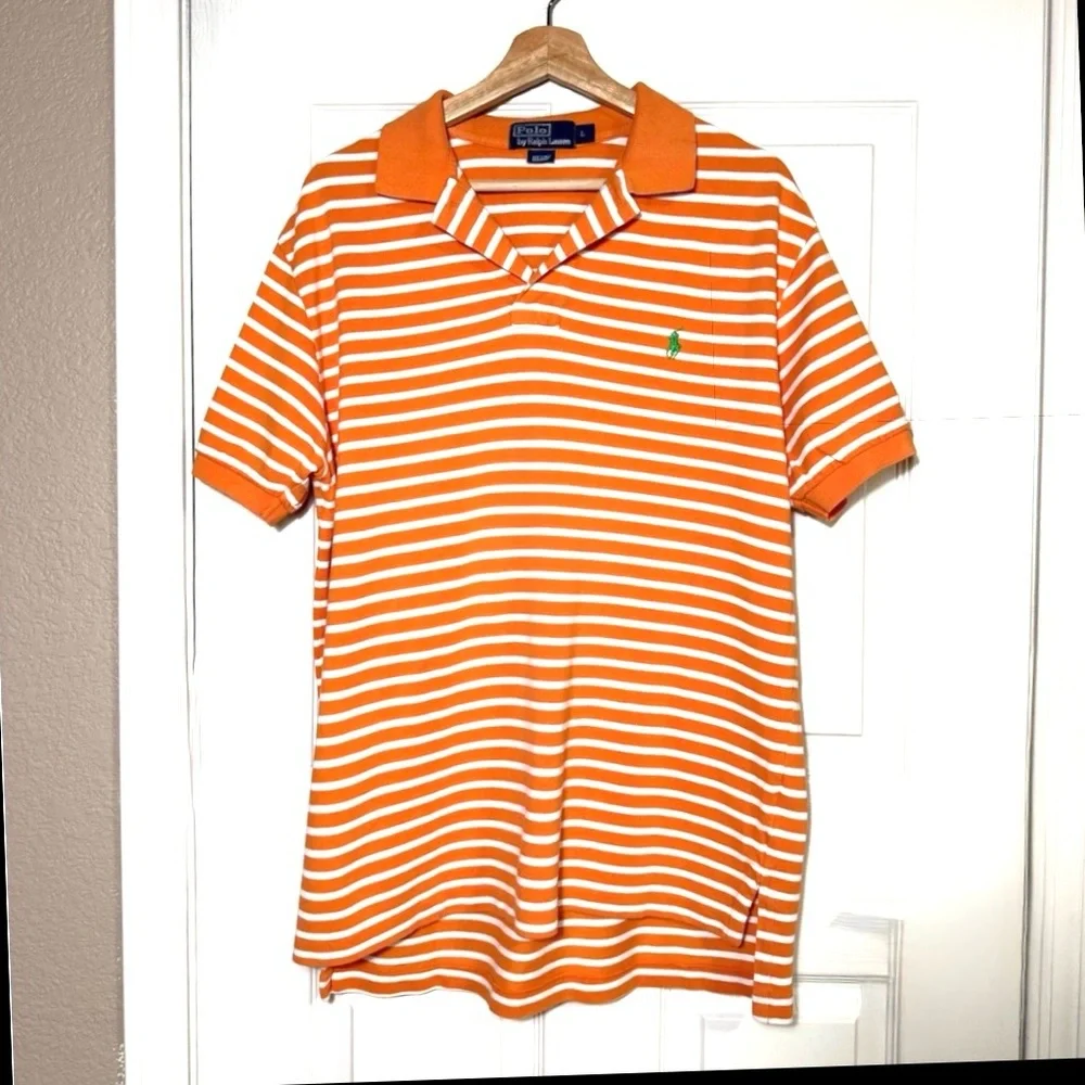 Polo Ralph Lauren Orange and White Striped Green Pony Short Sleeves Shirt Size L